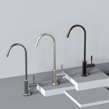 Slake contemporary water filtration faucet in multiple finishes against a gray background.