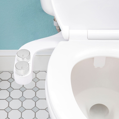 Brondell FreshSpa comfort+ advanced bidet attachment with dual nozzle installed in a tiled bathroom