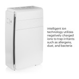 Brondell Horizon air purifier has an intelligent ion technology that utilizes negatively charged ions to trap irritants such as allergens, dust, and bacteria.