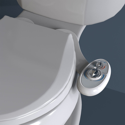 Brondell SouthSpa advanced single nozzle left-handed bidet attachment in front of a grey background