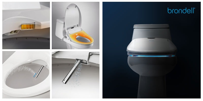 Brondell modern bidet toilet seat features warm air fryer, heated seats, bidet spray, nozzle sanitation, and nightlight