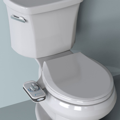 Brondell PureSpa essential bidet attachment with single nozzle installed on the bathroom in front of a grey background