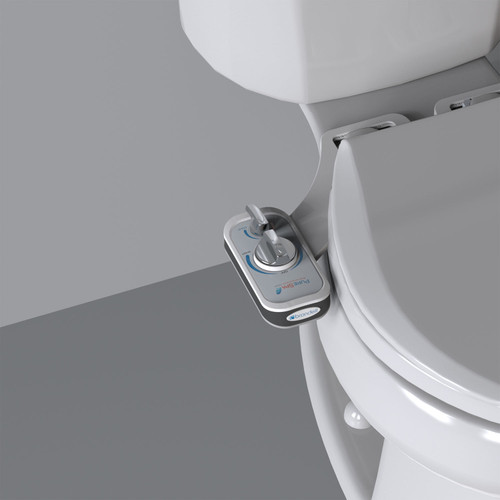 Brondell PureSpa advanced bidet attachment with single nozzle installed in front of a grey background