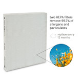 Brondell Revive includes two True HEPA filters that removes 99.7% of allergens and particulates. True HEPA filters should be replaced every 12 months.