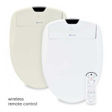 One white colored Brondell Swash 1400 bidet toilet seat in front of the biscuit colored Brondell Swash 1400 toilet seat each includes a wireless remote control