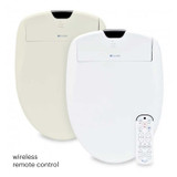 One white colored Brondell Swash 1400 bidet toilet seat in front of the biscuit colored Brondell Swash 1400 toilet seat each includes a wireless remote control
