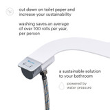 Brondell SimpleSpa bidet attachment with dual nozzle cuts down on toilet paper and increases sustainability. Washing saves an average of over 100 rolls per year per person.