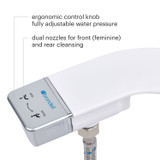 Brondell SimpleSpa bidet attachment with ergonomic control knob to control water pressure for both front and rear cleansing