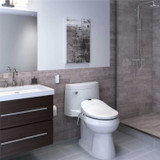 Brondell Swash 1000 S1000 advanced bidet toilet seat installed in the bathroom from a side view with the sink and shower surrounding