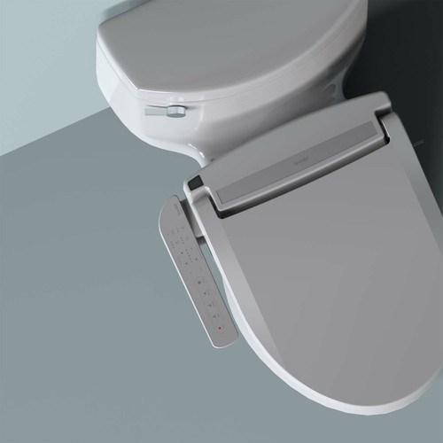Brondell Swash CL1500 bidet toilet with seat side arm control installed in front of a gray background