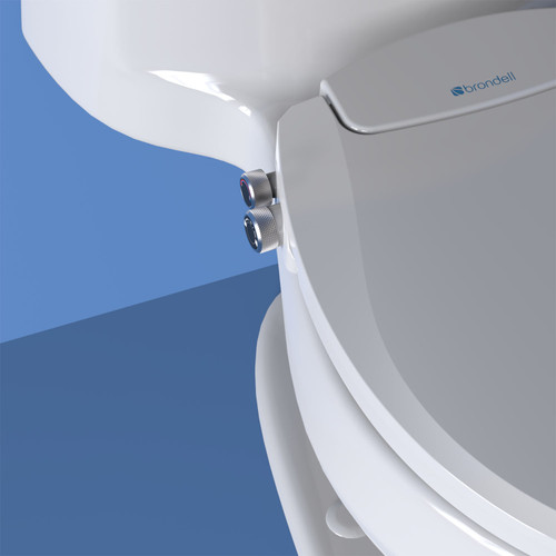Brondell Swash EcoSeat S102 non-electric bidet toilet seat in front of a blue background