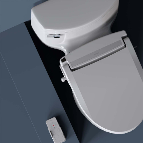 Brondell Swash EM617 bidet toilet seat and remote control with a blue background