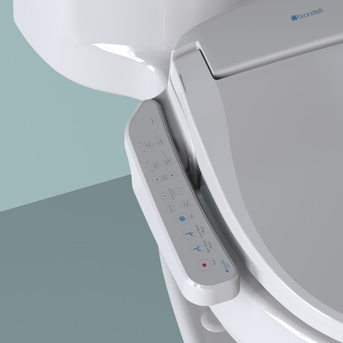 Brondell Swash SE400 bidet toilet seat side arm control in front of a blue background