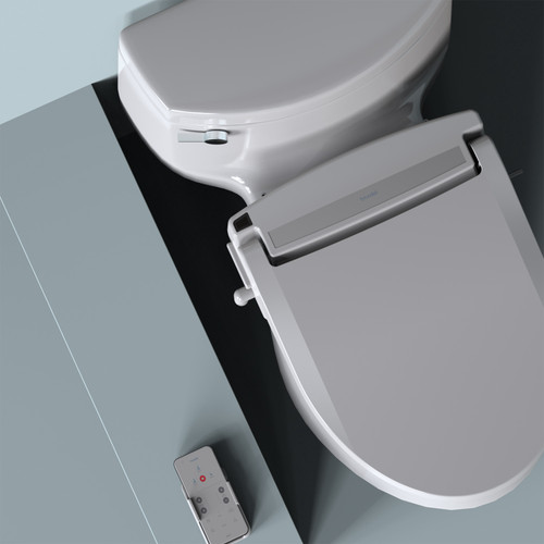 Brondell Swash BL97 bidet toilet seat and remote control installed on toilet with blue background