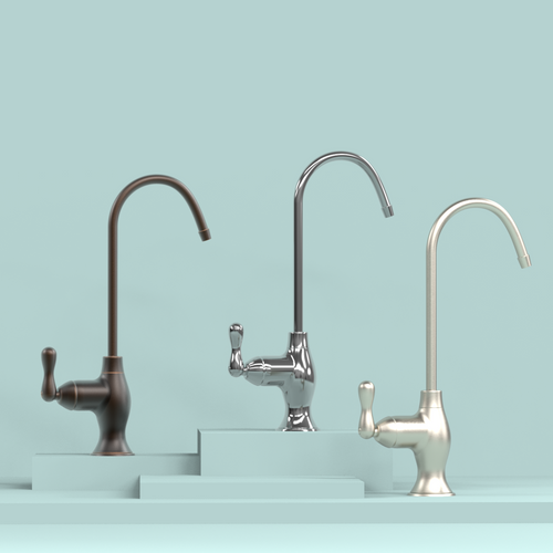 Starting from the left is the Sequoia faucet in the color antique bronze, brushed nickel faucet, and polished chrome faucet.