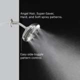 Side view of the Nebia Corre Four-Funtion Fixed Showerhead Chrome spraying water with a gray and black background - Angel hari, super-saver, hard, and soft spray patterns.  Easy side-toggle pattern control.