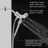 Side view of the Nebia Corre Four-Function Handshower Chrome spraying water with a gray and black background