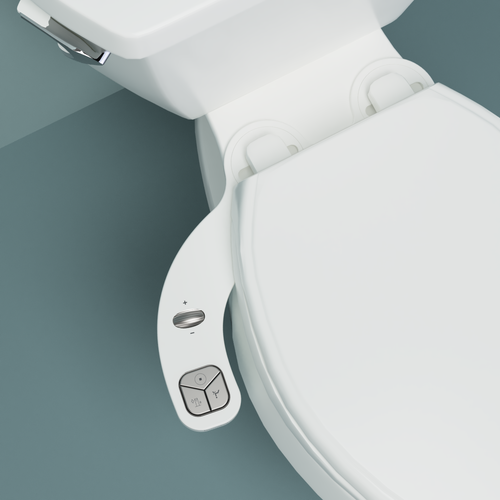 Main image of FreshSpa Thinline Precision Essential Bidet Attachment with teal background.
