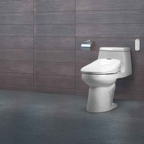 Swash 1400 Luxury Bidet Seat installed in a modern wood paneled bathroom with gray tiled flooring.